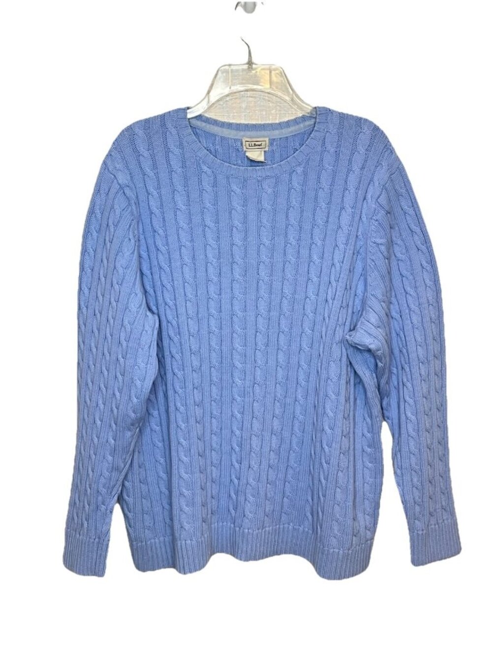 LL Bean Blue Cable Knit Sweater 2X 100% Cotton Crew Neck Chunky Cottagecore